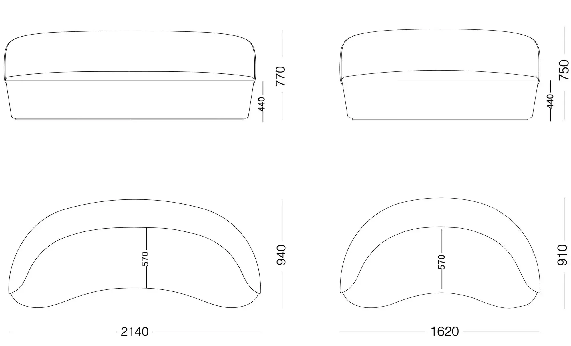 Maße vom runden Designersofa NAIVE in beige für 3 Personen