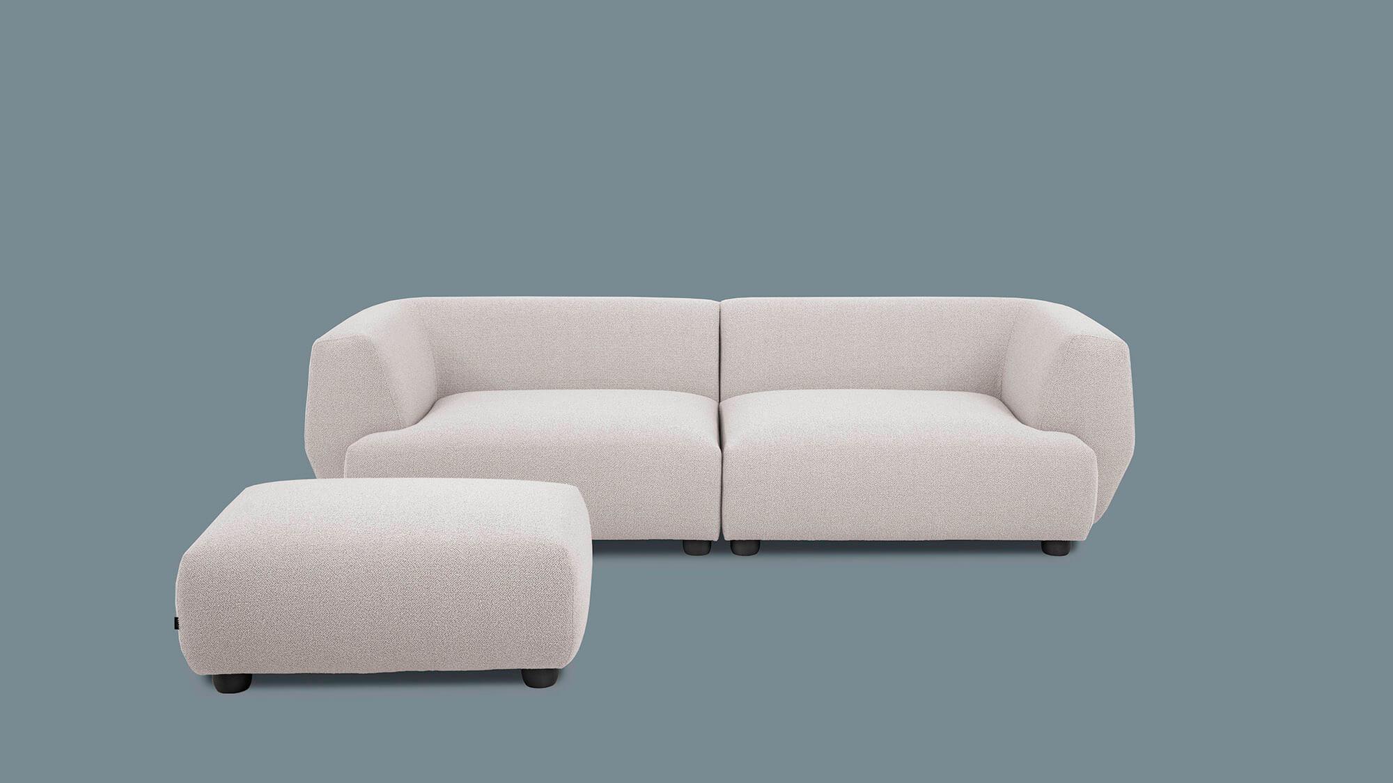 3er-Sofa Cava mit runden Formen weiß mit Hocker
