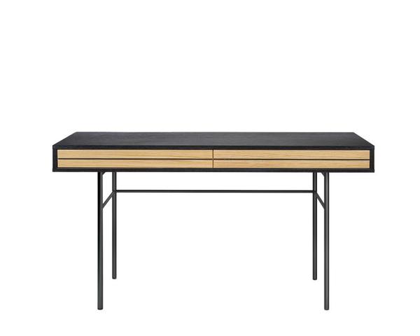 Schreibtisch schwarz Holz mit 2 Schubladen und Metallfüßen