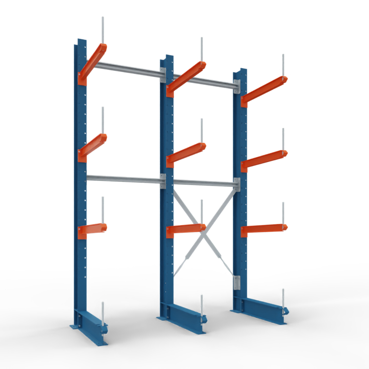 Kragarmregal, 2 Felder und 3 Armebenen | 1.000 kg je Arm H 3,0 m | L 2,4 m | T 0,92 m