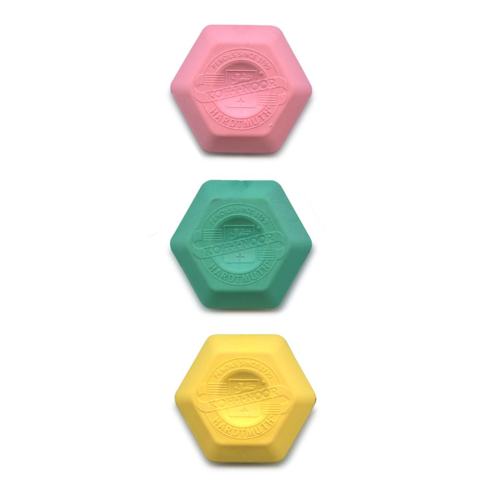 3x Koh-I-Noor Hexagon Radiergummi / Set of 3 Hexagonal Eraser | Set 2: rosa, türkis & gelb  / Set 2: pink, turquoise, & yellow | Artikelnummer: koh-hexagon-set2
