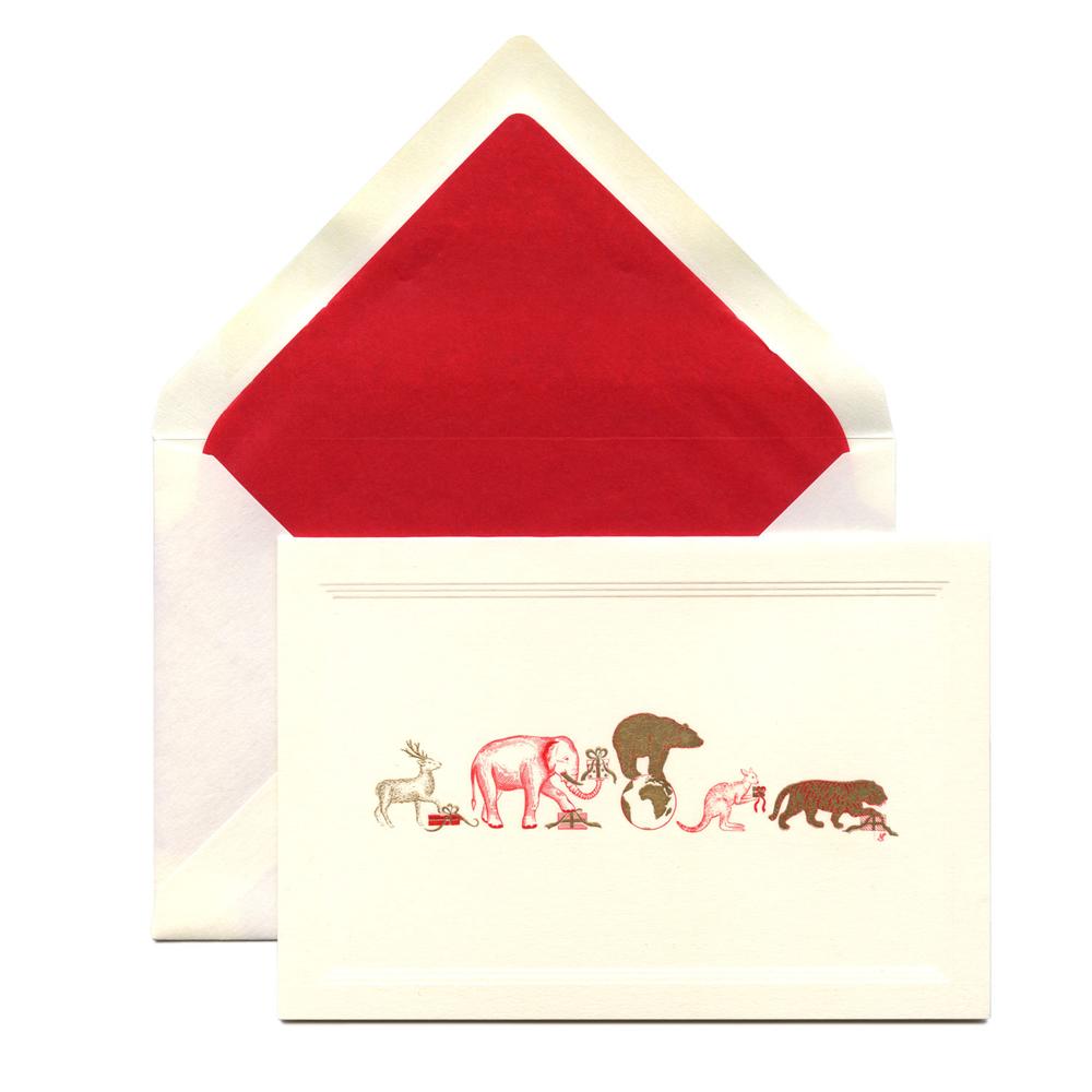 Welttiere Weihnachtskarte  / Animals of the World Christmas Card | Roter & Goldener Stahlstich / red & gold steel engraving | Artikelnummer: posthumus_welttiere