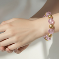 Set Armband+Ohrringe Hängeohrringe Jugendstil aus pinken, goldenen Kunststoff Perlen an Kupferdraht