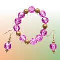 Set Armband+Ohrringe Hängeohrringe Jugendstil aus pinken, goldenen Kunststoff Perlen an Kupferdraht