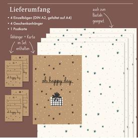 Geschenkpapier: Sterne & Punkte (petrolgrün-creme-weiß) | Set: 4 Bögen Geschenkpapier + 4 Geschenkanhänger + 1 Postkarte | Artikelnummer: 4260615912556