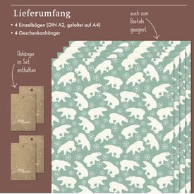 Geschenkpapier-Set: Eisbären & Schneeflocken / Weihnachten (Mint, Orange, Weiß) | 4 Bögen Geschenkpapier + 4 Geschenkanhänger | Artikelnummer: 4260615912150