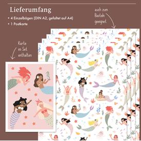 Kinder-Geschenkpapier: Meerjungfrauen + Muscheln | Set: 4 Bögen Geschenkpapier + 1 Postkarte | Artikelnummer: 4260615912976