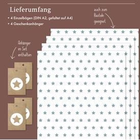Geschenkpapier: Sterne (graublau-weiß) | Set: 4 Bögen Geschenkpapier + 4 Geschenkanhänger | Artikelnummer: 4260615912730