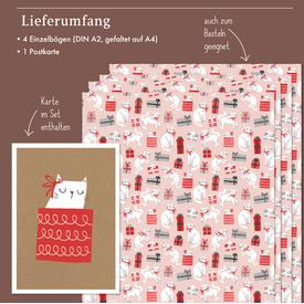 Geschenkpapier: Katzen für Weihnachten & Geburtstag | Set: 4 Bögen doppelseitiges Geschenkpapier + Postkarte | Artikelnummer: 4260615913225