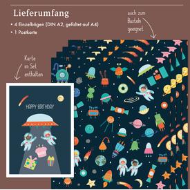 Kinder-Geschenkpapier: Weltraum/ Astronaut für Weltall-Abenteuer | Set: 4 Bögen Geschenkpapier + 1 Postkarte | Artikelnummer: 4260615912570