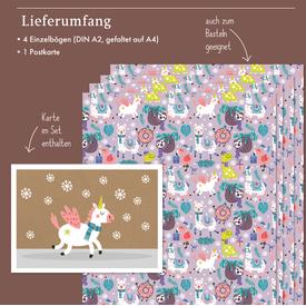 Kinder-Geschenkpapier Weihnachten: Einhorn, Lama, Faultier & Donuts | Set: 4 Bögen doppelseitiges Geschenkpapier + Weihnachtskarte | Artikelnummer: 4260615913263