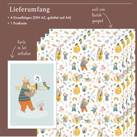 Kinder-Geschenkpapier: Musik-Instrumente/ Noten mit lustigen Tieren | Set: 4 Bögen Geschenkpapier + 1 Postkarte | Artikelnummer: 4260615913386