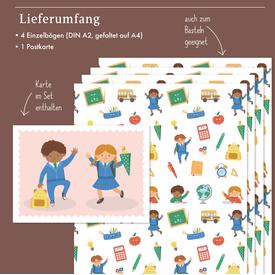 Kinder-Geschenkpapier: Einschulung/ Schulkinder zum ersten Schultag | Set: 4 Bögen Geschenkpapier + 1 Karte zur Einschulung | Artikelnummer: 4260615913683