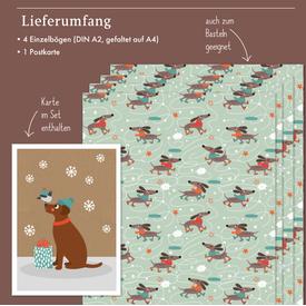 Geschenkpapier: Weihnachten Hunde (Mops, Dackel, Labrador und Co.) | Set: 4 Bögen doppelseitiges Geschenkpapier + Hunde-Weihnachtskarte | Artikelnummer: 4260615913201