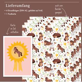 Kinder-Geschenkpapier: Pferde (Geburtstag, Einschulung) | Set: 4 Bögen Geschenkpapier + 1 Postkarte | Artikelnummer: 4260615913010