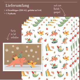 Kinder-Geschenkpapier Weihnachten: Dinosaurier | Set: 4 Bögen doppelseitiges Geschenkpapier + Weihnachtskarte | Artikelnummer: 4260615913249