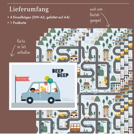 Kinder-Geschenkpapier: Autos / Fahrzeuge / Straßen | Set: 4 Bögen Geschenkpapier + 1 Postkarte | Artikelnummer: 4260615912631