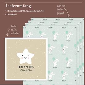 Kinder-Geschenkpapier: Hase mit Ballon (mint) für Baby-Jungen zur Geburt/ Taufe | Set: 4 Bögen Geschenkpapier + 1 Postkarte | Artikelnummer: 4260615913447