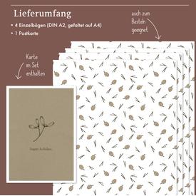 Geschenkpapier: Tannenzapfen & Mistel (Weihnachten, braun-weiß) | Set: 4 Bögen Geschenkpapier + 1 Weihnachtskarte | Artikelnummer: 4260615913188