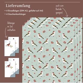 Geschenkpapier: Vögel & Beeren für Weihnachten/ Winter | Set: 4 Bögen doppelseitiges Geschenkpapier + 4 Anhänger | Artikelnummer: 4260615913164