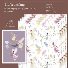 Kinder-Geschenkpapier: Feen + Schmetterlinge | Set: 4 Bögen Geschenkpapier + 1 Postkarte | Artikelnummer: 4260615912594