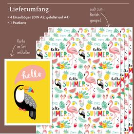 Kinder-Geschenkpapier: Tropisch (Flamingo, Ananas, Sommer) | Set: 4 Bögen Geschenkpapier + 1 Postkarte | Artikelnummer: 4260615912990