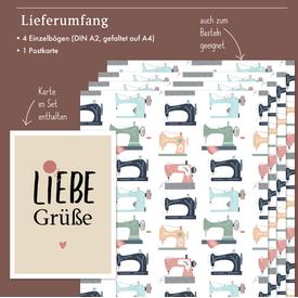 Geschenkpapier: Nähen / Handarbeit (Nähmaschine, Stricken) | Set: 4 Bögen Geschenkpapier + 1 Postkarte | Artikelnummer: 4260615912693