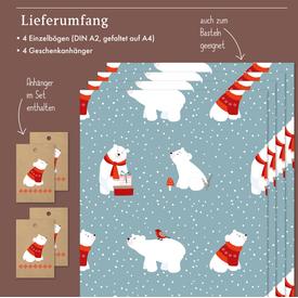Kinder-Geschenkpapier: Eisbären (Weihnachten, hellblau-rot) | Set: 4 Bögen Geschenkpapier + 4 Geschenkanhänger | Artikelnummer: 4260615910408