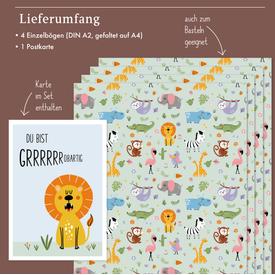 Kinder-Geschenkpapier: Dschungel / Safari Tiere / Zoo | Set: 4 Bögen Geschenkpapier + 1 Postkarte | Artikelnummer: 4260615912853