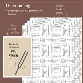 Geschenkpapier: Musik-Instrumente/ Notenblatt für Musiker | Set: 4 Bögen Geschenkpapier + 1 Postkarte | Artikelnummer: 4260615912716