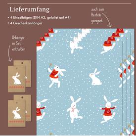 Kinder-Geschenkpapier: Schneehase (Weihnachten, hellblau-rot) | Set: 4 Bögen Geschenkpapier + 4 Geschenkanhänger | Artikelnummer: 4260615910415