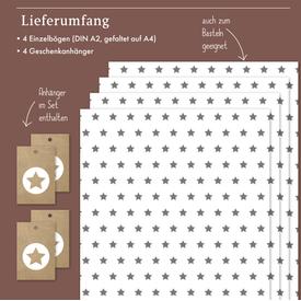 Geschenkpapier: Sterne (grau-weiß) | Set: 4 Bögen Geschenkpapier + 4 Geschenkanhänger | Artikelnummer: 4260615912815