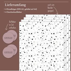 Geschenkpapier: Terrazzo schwarz-weiß & grau | Set: 4 Bögen doppelseitiges Geschenkpapier + 4 Aufkleber | Artikelnummer: 4260615912648