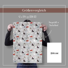 Geschenkpapier: Winterhäuser & Schneeflocken (Weihnachten, bunt-hellblau) | Set: 4 Bögen Geschenkpapier + 4 Geschenkaufkleber | Artikelnummer: 4260615910422