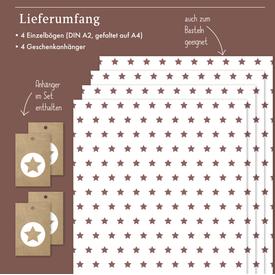 Geschenkpapier: Sterne (rotbraun-weiß) | Set: 4 Bögen Geschenkpapier + 4 Geschenkanhänger | Artikelnummer: 4260615912839