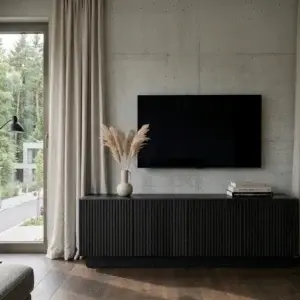 RIFF TV-Schrank von Radis in schwarz gebeizter Eiche als kompaktes 145 cm TV-Lowboard mit gerillter Front