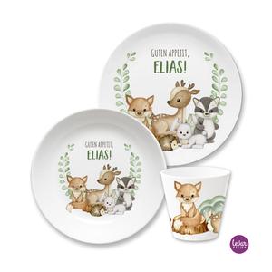 Personalisiertes Kindergeschirr Waldtiere | 3teiliges Set aus Melamin und BPA frei  | Artikelnummer: 5843-4656-1352