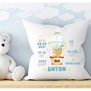 Personalisiertes Kissen | Heißluftballon mit Geburtsdaten | Weiches Kissen mit Füllung zur Geburt und Taufe  | Artikelnummer: 5652-1018-1454