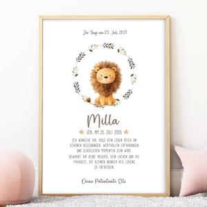 Personalisierter Patenbrief - Löwe | Fineart - Kunstdruck mit Namen und Geburtsdaten | Artikelnummer: 2331-7240-105900