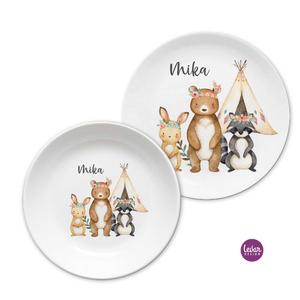 Kindergeschirr Set mit Namen, Waldtiere, Waschbär | Personalisiertes Kindergeschirr aus Melamin, 2 teilig | Artikelnummer: 3014-3866-1027