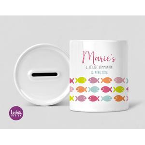 Spardose Fische zur Kommunion personalisiert | Tolle Spardose mit Namen für Mädchen | Artikelnummer: 121337 20