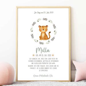 Personalisierter Patenbrief - Leopard | Fineart - Kunstdruck mit Namen und Geburtsdaten | Artikelnummer: 2331-7240-105899