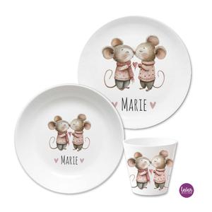 Kindergeschirr Set Mäuse | Kinderteller, Trinkbecher mit Namen aus Melamin BPA frei | Artikelnummer: ki3ersetfee
