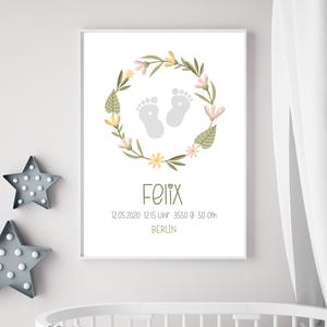 Blumenkranz | Geburtsanzeige | Kinderzimmerposter | Namensposter  | Personalisiertes Geburtsposter, Namensbild, Babyzimmerdeko | Artikelnummer: 1048-2338-4368