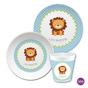 Kindergeschirr Set Löwe Dots  | Kinderteller, Trinkbecher mit Namen aus Melamin BPA frei | Artikelnummer: ki3setloeweabc