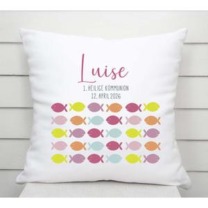 Kissen personalisiert Kommunion | Taufe | Fische | Weiches Kissen mit Füllung und farbiger Rückseite | Artikelnummer: 8085-0160-3186791