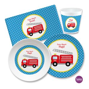 Kindergeschirr Set mit Namen personalisiert, Feuerwehr - 4 teilig  | Melamingeschirr BPA frei, hergestellt in Deutschland | Artikelnummer: 1087-3237-4080