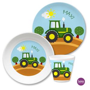Kinder Geschirr Set mit Namen ❤ Traktor | Kindergeschirr aus Melamin und BPA frei für Kinder | Artikelnummer: 7104-8420-0310