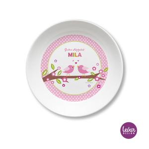 Melaminteller tief/Schale Vögel  | Kinderteller mit Namen BPA frei | Artikelnummer: kitevoedots1 -4
