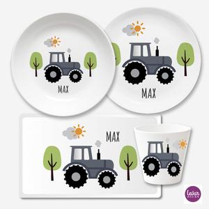 Kindergeschirr mit Namen personalisiert, Traktor | Geschirrset aus Melamin und BPA frei und hergestellt in Deutschland | Artikelnummer: 2276-5053-0373